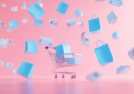 3D render of flying blue shopping bags and a shopping cart on a pink background. White space around for text or design. E-commerce concept. Minimalistic, simple style. Simple shapes. Pastel colors. Clean. Realistic. High resolution. Unreal Engine. --ar 7:5 --v 6.1 Job ID: 39f973bb-842f-44ef-afb3-702ffb1dabedの素材
