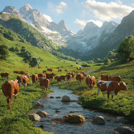A herd of brown cows walking along the stream in a green meadow, surrounded by mountains, under a sunny sky. This image was created using Unreal Engine, with 3D rendering, high-resolution photography, hyper-realistic details, and elements of portrait photography, including a close-up shot with bright colors and high saturation, in the style of [Artist name]. --v 6.1 Job ID: 8e59b39b-454e-46aa-8d89-50537b5edbc1の素材
