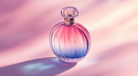 A luxurious glass perfume bottle with an elegant pink and blue gradient, reflecting light on its surface, set against a soft pastel background. The bottle is surrounded by gentle shadows that create depth and dimensionality, enhancing the overall elegance of the product. Photorealistic photography style, focusing on capturing intricate details in both texture and lighting to showcase the sophistication of the fragrance's packaging. --ar 128:71 --v 6.1 Job ID: 4e28a1c6-6733-4800-9195-8df81e57ff5eの素材
