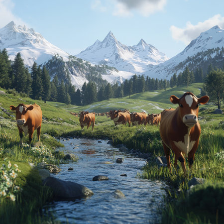 A herd of brown cows walking along the stream in a green meadow, with snow-capped mountains in the background, under a sunny sky, rendered in the style of Unreal Engine, with Pixar animation and photo-realistic techniques. --v 6.1 Job ID: 91c5fce2-1bf9-44f0-b6c5-222f0fc34c57の素材