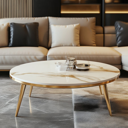 A coffee table with a white marble top and golden legs, in an elegant living room setting. The sofa is visible behind it, creating a sophisticated atmosphere. Photorealistic rendering of the furniture in the style of Unreal Engine technology. High-resolution for detailed textures and lighting effects. --v 6.1 Job ID: 265e3ade-7f59-4fa1-b7c9-2427575a0679の素材