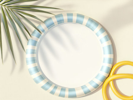 3D render, summer background with a white circular empty space in the center and a striped blue and yellow beach towel, an inflatable ring, and a palm shadow on a beige background. Minimal concept. Flat lay style. Top view. --ar 4:3 --v 6.1 Job ID: a56afe1d-c2ba-4c4a-85a6-1b76d99fc2d2の素材