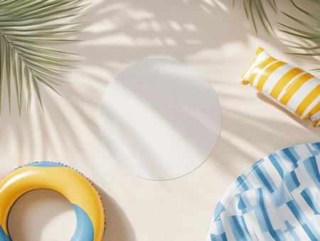 3D render, summer background with a white circular empty space in the center and a striped blue and yellow beach towel, an inflatable ring, and a palm shadow on a beige background. Minimal concept. Flat lay style. Top view. --ar 4:3 --v 6.1 Job ID: a56afe1d-c2ba-4c4a-85a6-1b76d99fc2d2の素材