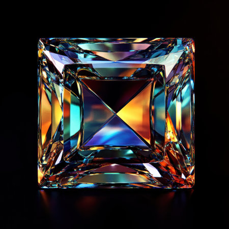 3D render of a square-cut gemstone, isolated on a black background, high-resolution photography, professional photograph, studio lighting, HDR, deep shadows and light rays, glass texture, vibrant colors, colorful, blue fire in the center of the crystal. --v 6.1 Job ID: 0ed1d6a8-d0e3-4bdb-86e3-f1a9e5791fedの素材