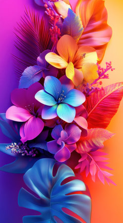 3D render of a colorful bouquet of flowers and tropical leaves in the style of neon light, close-up, highly detailed, beautiful, digital art, with a bright pink, purple, blue, and orange gradient background, high resolution, high definition, Octane rendering, 20 megapixels, hyperrealistic, and hyper-detailed. --ar 71:128 --v 6.1 Job ID: 3dfa1483-0bc3-4f8f-9533-193ae63771e3の素材