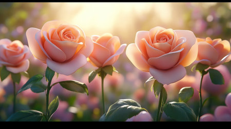 3D render of beautiful roses and flowers in the garden, with pink and orange colors, sun rays, cinematic lighting, detailed, volumetric light, and a depth effect. --chaos 30 --ar 16:9 --v 6.1 Job ID: 77336d4c-d083-4a5f-b6ed-0d8a7fb28c60の素材