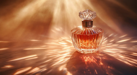 A luxurious glass perfume bottle with radiant light beams emanating from it, casting shadows on the surrounding surface. The scene is set against an isolated background, emphasizing the product's intricate design and exquisite craftsmanship. High-resolution photography in the style of soft lighting to highlight its opulence. --ar 128:71 --v 6.1 Job ID: 1559884a-c71f-45af-90e7-09e5bf5f6dccの素材