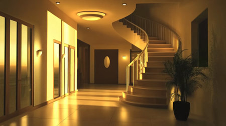 A minimalist hallway with warm, neutral tones and soft lighting, featuring an elegant circular ceiling light above the staircase leading to different floors of the house. A potted plant on one side adds greenery and life. The space is spacious yet cozy, creating a welcoming atmosphere for adults in their thirties who love minimalist design. --chaos 30 --ar 16:9 --v 6.1 Job ID: 4b840a4b-f433-4dcc-aa2e-36d6a4ba3fa4の素材