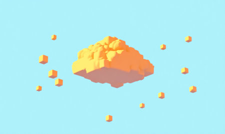 A minimalist, floating orange cube-shaped cloud against a blue background, in an isometric design style with simple shapes and a 3D rendering. The color scheme features orange and yellow, with some scattered cubes around the main object. The background should be a light blue. --ar 5:3 --v 6.1 Job ID: 581d11c6-2693-42de-a7ac-884cd5f14c61の素材