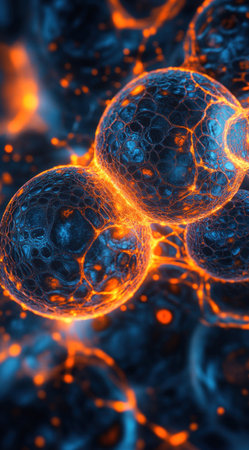 A digital art illustration of glowing orange and blue cells in an abstract pattern, with a dark background, hyper-realistic details, high resolution, and hyper-detailed renderings. The cell structure is depicted as intricate patterns with thin lines and shiny glass-like textures, creating the illusion that they form three-dimensional structures within each other. A close-up perspective highlights their unique designs, adding depth to the composition. --ar 71:128 --v 6.1 Job ID: 603fd856-bff1-47e5-b20b-946154324531の素材