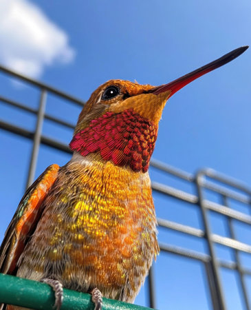 A photo of a hummingbird, perched on the edge of its cage with its head tilted to one side as if it is listening intently. The bird has vibrant orange and red feathers that contrast beautifully against the blue sky in the background. This shot captures it from close-up, highlighting intricate details like the texture of its wings and beak. --ar 13:16 --v 6.1 Job ID: 9643dee7-ca79-4deb-bec7-03e4422eaf54の素材