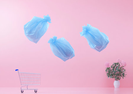 3D render of flying blue shopping bags and a cart, isolated on a pastel pink background, in a minimalistic style with a simple design. --ar 7:5 --v 6.1 Job ID: 63ef5787-4e21-4ac0-8e2b-b6c652e583a2の素材