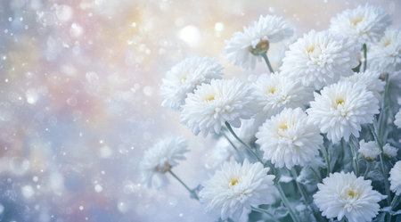 A bouquet of white chrysanthemums in the snow, close-up shot, with frost on their petals. The background is blurred and filled with soft colors. --ar 128:71 --v 6.1 Job ID: 3188eb07-9507-45f9-a1d0-62287c747eafの素材
