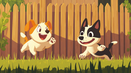 A cartoon dog and cat playing in the yard, flat design illustration, vector graphic, flat color, simple shapes, cute style, colorful, high resolution, detailed, digital art. The background is a wooden fence. The dogs have their paws on the ground, running after each other with happy expressions. The mood is happy, with a fun vibe and playful colors. The lighting is bright, with soft shadows, and the shot is wide. --ar 128:71 --v 6.1 Job ID: c015e5b3-70e6-46ec-80d2-a2b7b5202b89の素材