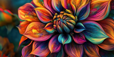 A beautiful and colorful dahlia flower with intricate details, vibrant colors, and elegant swirls. The focus is on the face, a digital art piece in the style of fLOUDN. This digital painting would make a stunning wallpaper, with its highly detailed illustrations, colorful layered forms, and swirling vortexes of vibrant, colorful MÃ¶bius shapes. --ar 2:1 --v 6.1 Job ID: d66838ec-8dbc-4415-b45e-1b9e856700c5の素材
