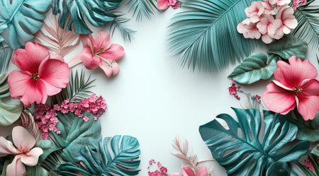 3D render of tropical flowers and leaves on a white background, with a pink and teal color palette. --ar 128:71 --v 6.1 Job ID: 942449c3-025b-422d-a46e-73353eb37050の素材