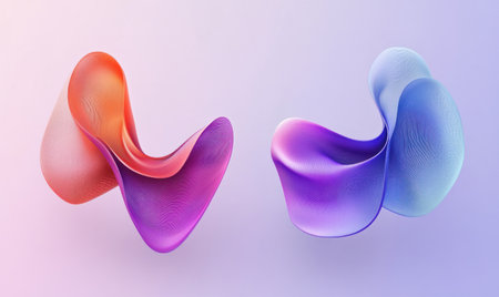 A modern wallpaper with two colorful abstract shapes on the left and right, set against a gradient background of purple to blue tones. The shapes have smooth curves that give them an elegant feel. They appear slightly curved at their edges for visual interest. This design would be suitable as a desktop or phone backdrop in high resolution. --ar 5:3 --v 6.1 Job ID: 2044f84e-d7d4-4026-8b5a-04c920674fe9の素材