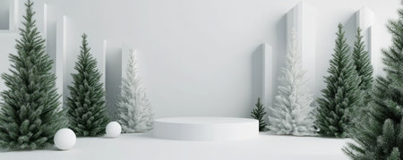 3D render on a white background with minimalistic geometric shapes, a podium, and pine trees. Mockup for product presentation. --ar 5:2 --v 6.1 Job ID: 83c7adda-af3b-492b-af24-3802d992fdc7の素材