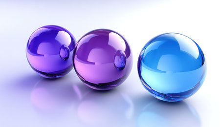 3D render of glossy spheres in different shades of blue and purple floating on a flat background. --ar 26:15 --v 6.1 Job ID: 65e0b625-a582-45b9-9e0e-7467b00acf4aの素材