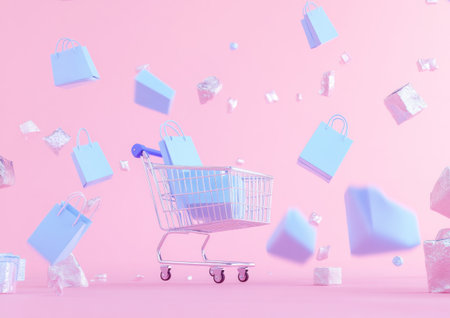 3D render of flying blue shopping bags and a shopping cart on a pink background. White space around for text or design. E-commerce concept. Minimalistic, simple style. Simple shapes. Pastel colors. Clean. Realistic. High resolution. Unreal Engine. --ar 7:5 --v 6.1 Job ID: 39f973bb-842f-44ef-afb3-702ffb1dabedの素材