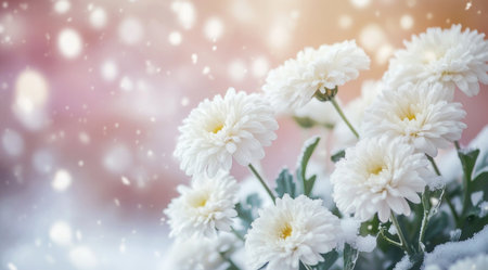 A bouquet of white chrysanthemums in the snow, close-up shot, with frost on their petals. The background is blurred and filled with soft colors. --ar 128:71 --v 6.1 Job ID: 3188eb07-9507-45f9-a1d0-62287c747eafの素材