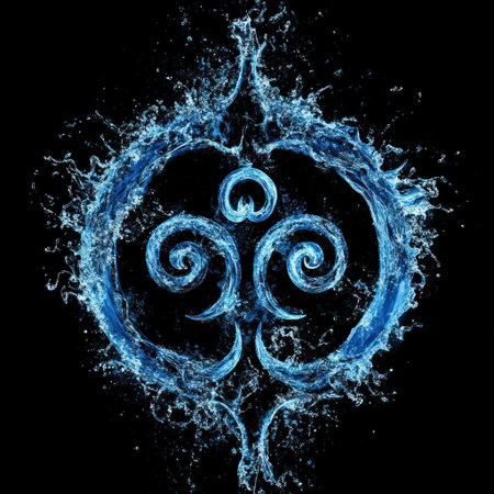 A blue water splash forming the shape of an Ålav indigenous symbol on a black background. --v 6.1 Job ID: 62b46d24-e039-4f72-8a7f-32e6968c5e5cの素材