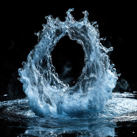 A blue water splash forming the shape of an open ring on a black background. --v 6.1 Job ID: 28db4e23-c355-4178-8ce1-034458ecfb8aの素材