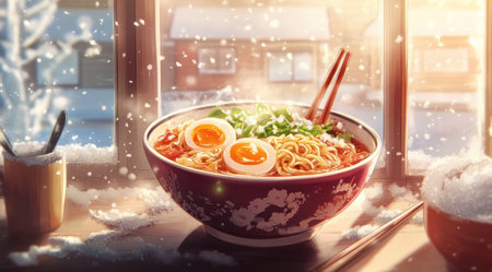 A bowl of ramen, featuring thick noodles and colorful eggs in the middle with green vegetables on top. The background is an indoor window scene, with a hand-drawn illustration style, featuring detailed illustrations, high resolution, warm tones, and a close-up perspective. It has cooking tools next to it, such as chopsticks or a spoon, while snowflakes fall outside through the glass windows. In winter, there's a sense of warmth from eating hot food in the style of a cozy, indoor setting. --ar 128:71 --v 6.1 Job ID: 77b7c51c-dd36-4af4-b203-2011bccea4d2の素材