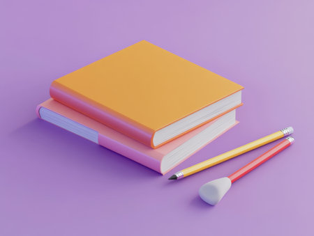 3D rendering of books, pencil, and eraser on a purple background. Minimalistic style with pastel colors. --ar 4:3 --v 6.1 Job ID: 4f2debd5-6b76-4b44-ae42-3a8c33943cffの素材