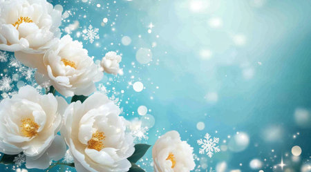 3D Snowy White Peonies, Blue Background with snowflakes and glittering lights, elegant floral wallpaper for wall decoration, 8K, high resolution --ar 128:71 --v 6.1 Job ID: c5277eab-c5b0-4b04-a0b0-b693175aca61の素材