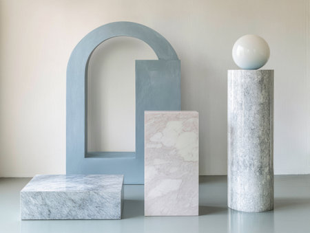 A minimal and modern scene featuring three different geometric shapes in light blue, white, and gray tones. The composition includes an arch-shaped window on the left side of the screen, a rectangular box at the center with rounded corners, and two marble columns on the right side. There is also a small circular element inside one of the walls. This design creates a clean and contemporary atmosphere, perfect for showcasing products or serving as background material for various applications. --ar 4:3 --v 6.1 Job ID: 2fe15338-7692-4c6e-9852-0e043fc772f9の素材