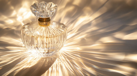 A luxurious glass perfume bottle with radiant light beams emanating from it, casting shadows on the surrounding surface. The scene is set against an isolated background, emphasizing the product's intricate design and exquisite craftsmanship. High-resolution photography in the style of soft lighting to highlight its opulence. --ar 128:71 --v 6.1 Job ID: 1559884a-c71f-45af-90e7-09e5bf5f6dccの素材