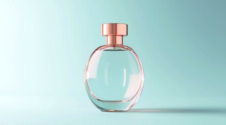 A mockup of an oval-shaped glass perfume bottle with a rose gold cap, on a light blue background, minimalistic, modern, high resolution, hyper-realistic, and super detailed. --ar 128:71 --v 6.1 Job ID: 01ee9385-2968-404a-be46-c36c5eb95a4aの素材