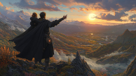 A father with his daughter on his shoulders at sunset, enjoying the view of nature and the sky from atop a mountain peak. The girl is reaching out to touch the sun as it sets behind them. A colorful sky with hues of orange and pink bathes everything in an ethereal glow. --chaos 30 --ar 16:9 --v 6.1 Job ID: ea2cd7d1-f2bd-4484-a327-1d9da9ae8baaの素材