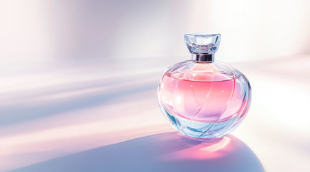 A luxurious glass perfume bottle with an elegant, pastel pink and blue gradient color palette. The background is a soft, light gray gradient that enhances the product's elegance. Gentle sunlight illuminates from above, casting shadows on the surface of the liquid inside. The overall atmosphere exudes luxury and sophistication. Photorealistic photography, shot using a Canon EOS R5 camera with a macro lens. --ar 128:71 --v 6.1 Job ID: 83d8bc28-7dc8-4e5e-82a8-a6a709990eb0の素材