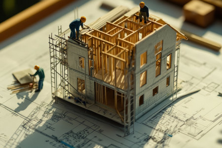 House construction on blueprints with miniature workers and tools, house undergoing construction at the top left corner of the picture, realistic photography, stock photo. --ar 3:2 --v 6.1 Job ID: 77abb569-bda5-48db-977a-4f666fc875ebの素材