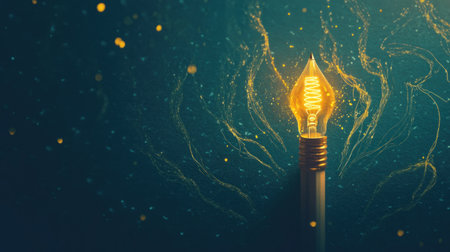 A pencil with an illuminated bulb at the end, writing out ideas on paper. The background is dark blue and has light yellow lines that represent innovation or creativity. There's a sense of mystery in it all. --chaos 30 --ar 16:9 --v 6.1 Job ID: b2114dc5-ed26-4781-9c27-6c8064f40c59の素材