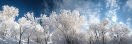 A photograph of snow-covered trees against a blue sky, taken from a low angle with high detail and resolution, in the style of digital photography. --ar 3:1 --v 6.1 Job ID: ea915a01-e6e6-4eb7-b9ad-92e308a98a60の素材