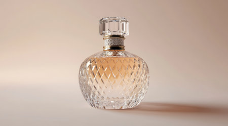 A bottle of perfume with a crystal-like texture, a simple background, 3D rendering, high resolution, and a realistic style. The overall shape is round and has an elegant appearance. It features a diamond-cut design on the body, giving it a luxurious feel. This product will be displayed in a front view. --ar 128:71 --v 6.1 Job ID: 4a47cad4-eb4e-468e-8a22-8e3c3bd519f2の素材