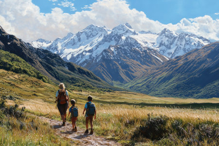 A family hiking in the mountains of New Zealand, with snow-capped peaks and lush greenery. The children wear backpacks while walking along a dirt trail through grassy meadows. In front is their mother leading them on the path, with her back to the camera, surrounded by a tall mountain range. The blue sky overhead is dotted with white clouds. A photo taken from behind, showing the people's backs, captured using a Canon EOS R5 mirrorless camera, in a photorealistic style. --ar 3:2 --v 6.1 Job ID: 2c545f11-0dde-4a8a-9a35-e632e904e842の素材