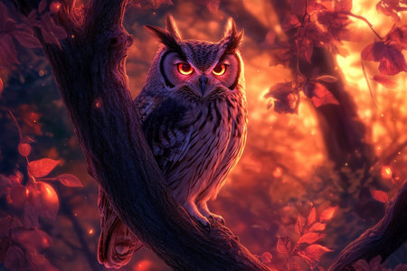 A majestic owl perched on an ancient tree branch, bathed in the soft glow of moonlight. This fantasy digital art piece features a dark red and orange color scheme, with glowing light effects and highly detailed foliage. The full-body portrait of the owl is set against a colorful, mystical background, creating a sense of awe and wonder. The high-resolution image captures the scene in stunning detail. --ar 3:2 --v 6.1 Job ID: 527f402a-5c97-4e05-9d88-fc27ec70555bの素材