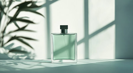 A bottle of perfume on the table, with a light blue and green color scheme, and shadows cast by sunlight through the window panes. The simple background and high-end feel are captured in the close-up, high-definition photography of this product poster and advertising layout, set against a clean white wall. The bottle is placed in front of the camera, with soft lighting creating an elegant atmosphere. The overall sense of luxury and elegance highlights details such as the texture and shape of the bottle. --ar 128:71 --v 6.1 Job ID: 5b927e55-77f0-40aa-9c4a-00f353e18939の素材