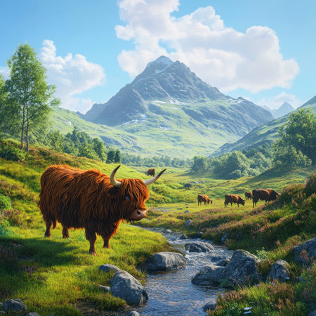 A Highland cow grazing in the Scottish Highlands, surrounded by lush greenery and majestic mountains. In the style of Pixar, with detailed textures of fur and horns, the scene captures an idyllic countryside setting. A small stream flows nearby as other animals, including cows, can be seen in the background. The sky is a clear blue with fluffy white clouds, adding to the serene atmosphere. --v 6.1 Job ID: 205705b9-65c8-435a-9076-93670df22cd6の素材