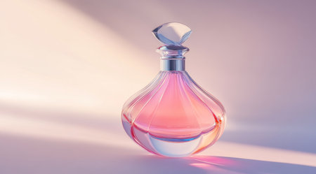 A luxurious glass perfume bottle with an elegant, pastel pink and blue gradient color palette. The background is a soft, light gray gradient that enhances the product's elegance. Gentle sunlight illuminates from above, casting shadows on the surface of the liquid inside. The overall atmosphere exudes luxury and sophistication. Photorealistic photography, shot using a Canon EOS R5 camera with a macro lens. --ar 128:71 --v 6.1 Job ID: 83d8bc28-7dc8-4e5e-82a8-a6a709990eb0の素材