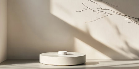 A minimalist podium for product display, bathed in soft sunlight and casting intricate shadows on the beige wall behind it. The scene is captured with a macro lens using Kodak Portra film to emphasize texture and detail. --ar 2:1 --v 6.1 Job ID: 2559f3d9-97a6-4db0-85ab-cbdc11e54cc6の素材