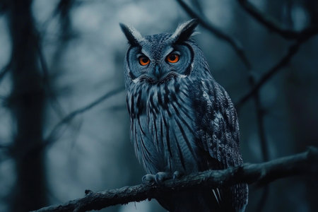 A photo of an owl sitting on a branch in a Finnish forest, with orange eyes and grey feathers. --ar 3:2 --v 6.1 Job ID: 17365d3c-b03f-4ddd-b4de-1d0b658be6e8の素材