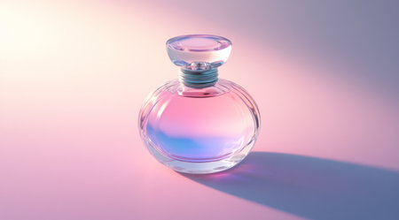 A luxurious glass perfume bottle with an elegant, pastel pink and blue gradient color palette. The background is a soft, light gray gradient that enhances the product's elegance. Gentle sunlight illuminates from above, casting shadows on the surface of the liquid inside. The overall atmosphere exudes luxury and sophistication. Photorealistic photography, shot using a Canon EOS R5 camera with a macro lens. --ar 128:71 --v 6.1 Job ID: 83d8bc28-7dc8-4e5e-82a8-a6a709990eb0の素材