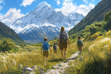 A family hiking in the mountains of New Zealand, with snow-capped peaks and lush greenery. The children wear backpacks while walking along a dirt trail through grassy meadows. In front is their mother leading them on the path, with her back to the camera, surrounded by a tall mountain range. The blue sky overhead is dotted with white clouds. A photo taken from behind, showing the people's backs, captured using a Canon EOS R5 mirrorless camera, in a photorealistic style. --ar 3:2 --v 6.1 Job ID: 2c545f11-0dde-4a8a-9a35-e632e904e842の素材