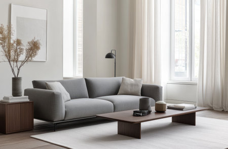 A modern living room with white walls, a grey sofa and sideboard, a wooden floor, and minimalist decor. A large window in the background. An empty space for product display on shelves or a coffee table, with a white carpet flooring. Soft lighting creates a cozy atmosphere. The Scandinavian interior design style features neutral colors, plants, and decorative elements. --ar 23:15 --v 6.1 Job ID: 3e6b81f0-3bc4-4bb0-b0b3-39cf7e1201e2の素材
