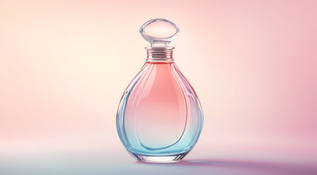 A luxurious glass perfume bottle with an elegant pink and blue gradient, reflecting light on its surface, set against a soft pastel background. The bottle is surrounded by gentle shadows that create depth and dimensionality, enhancing the overall elegance of the product. Photorealistic photography style, focusing on capturing intricate details in both texture and lighting to showcase the sophistication of the fragrance's packaging. --ar 128:71 --v 6.1 Job ID: 4e28a1c6-6733-4800-9195-8df81e57ff5eの素材